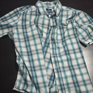 George Teal and White Plaid Short Sleave Button Down Shirt